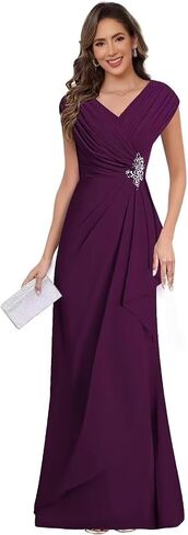 Chiffon V Neck Mother of the Bride Dresses for Wedding Cap Sleeves Pleated Long A-line Beads Formal Dress in Saudi Arabia