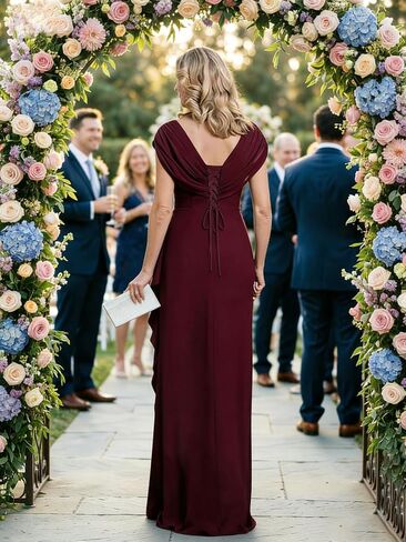 Chiffon V Neck Mother of the Bride Dresses for Wedding Cap Sleeves Pleated Long A-line Beads Formal Dress in Saudi Arabia