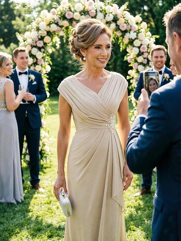 Chiffon V Neck Mother of the Bride Dresses for Wedding Cap Sleeves Pleated Long A-line Beads Formal Dress in Saudi Arabia