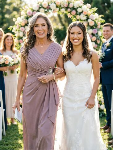 Chiffon V Neck Mother of the Bride Dresses for Wedding Cap Sleeves Pleated Long A-line Beads Formal Dress in Saudi Arabia