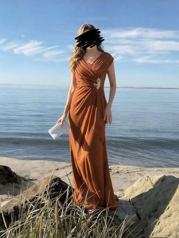 Chiffon V Neck Mother of the Bride Dresses for Wedding Cap Sleeves Pleated Long A-line Beads Formal Dress in Saudi Arabia