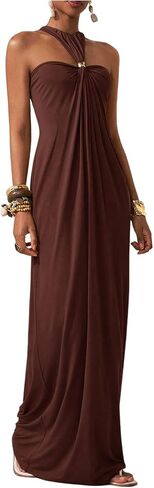 OYOANGLE Women's Sleeveless Halter Maxi Dress Metal Decor Twist Ruched Beach Wedding Guest Dress in Kuwait