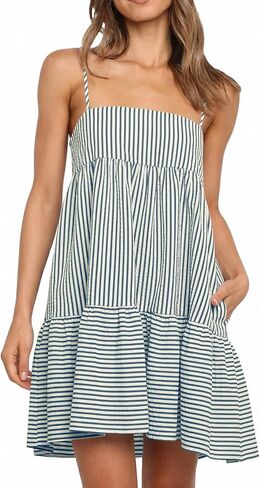 Wenrine Womens Summer Striped Mini Dress Casual Spaghetti Strap Sleeveless A Line Beach Sundress with Pockets in Kuwait