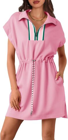 Fisoew Womens Short Sleeve Mini Dress Summer Quarter Zip V Neck Casual Sweatshirt Dresses with Drawstring Waist in Kuwait