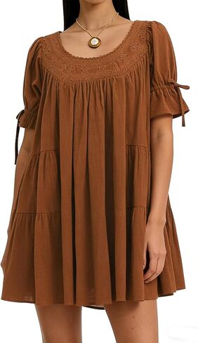 Women Puff Sleeve Babydoll Mini Dress Y2K Lace Trim Ruffle Flowy Dresses Summer Loose Swing Going Out Sundresses in Saudi Arabia