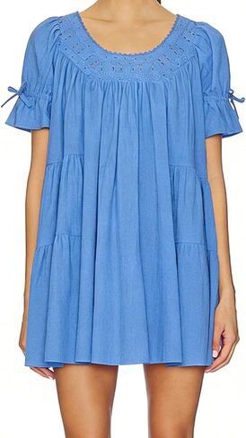 Women Puff Sleeve Babydoll Mini Dress Y2K Lace Trim Ruffle Flowy Dresses Summer Loose Swing Going Out Sundresses in Kuwait