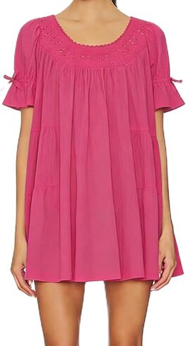 Women Puff Sleeve Babydoll Mini Dress Y2K Lace Trim Ruffle Flowy Dresses Summer Loose Swing Going Out Sundresses in Kuwait