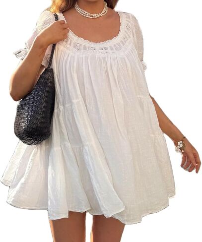 Women Puff Sleeve Babydoll Mini Dress Y2K Lace Trim Ruffle Flowy Dresses Summer Loose Swing Going Out Sundresses in Kuwait