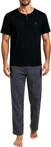 Mens Pajamas Set Lightweight Short Sleeve & Long Pants Soft Breathable Loungewear All Season Sleepwear with Pockets in Saudi Arabia