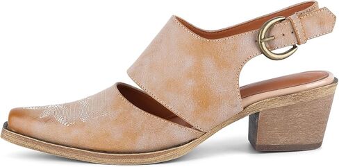 Women's Western Mules Cowboy Cowgirl Heels Slingback Vintage Distressed Faux Leather Sandals Small Square Toe Embroidered Block Chunky Mid Heel Ankle Buckle Shoes for Casual in Saudi Arabia