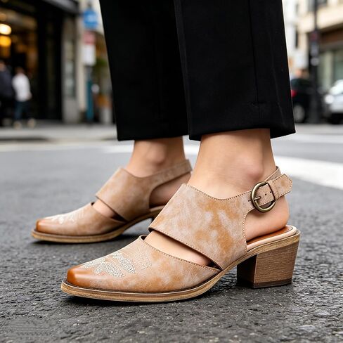 Women's Western Mules Cowboy Cowgirl Heels Slingback Vintage Distressed Faux Leather Sandals Small Square Toe Embroidered Block Chunky Mid Heel Ankle Buckle Shoes for Casual in Saudi Arabia