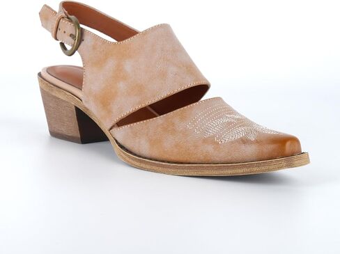 Women's Western Mules Cowboy Cowgirl Heels Slingback Vintage Distressed Faux Leather Sandals Small Square Toe Embroidered Block Chunky Mid Heel Ankle Buckle Shoes for Casual in Saudi Arabia