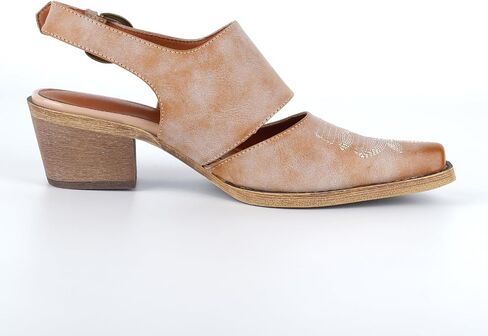 Women's Western Mules Cowboy Cowgirl Heels Slingback Vintage Distressed Faux Leather Sandals Small Square Toe Embroidered Block Chunky Mid Heel Ankle Buckle Shoes for Casual in Saudi Arabia