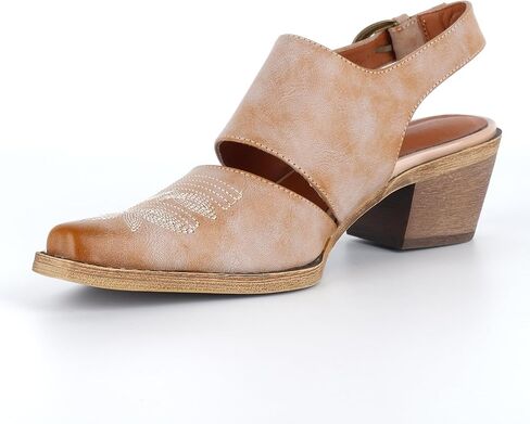 Women's Western Mules Cowboy Cowgirl Heels Slingback Vintage Distressed Faux Leather Sandals Small Square Toe Embroidered Block Chunky Mid Heel Ankle Buckle Shoes for Casual in Saudi Arabia
