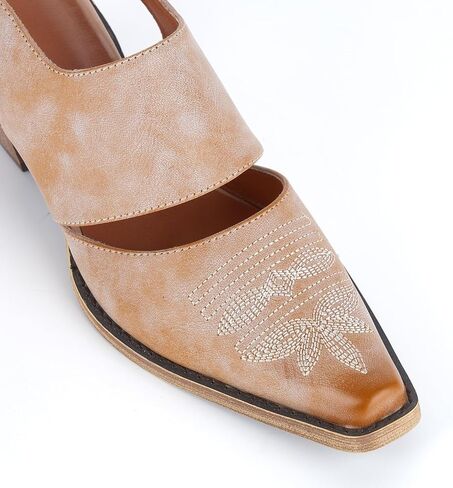 Women's Western Mules Cowboy Cowgirl Heels Slingback Vintage Distressed Faux Leather Sandals Small Square Toe Embroidered Block Chunky Mid Heel Ankle Buckle Shoes for Casual in Saudi Arabia