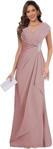 Chiffon V Neck Mother of the Bride Dresses for Wedding Cap Sleeves Pleated Long A-line Beads Formal Dress in Kuwait
