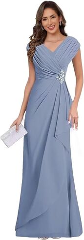 Chiffon V Neck Mother of the Bride Dresses for Wedding Cap Sleeves Pleated Long A-line Beads Formal Dress in Saudi Arabia