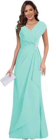 Chiffon V Neck Mother of the Bride Dresses for Wedding Cap Sleeves Pleated Long A-line Beads Formal Dress in Saudi Arabia