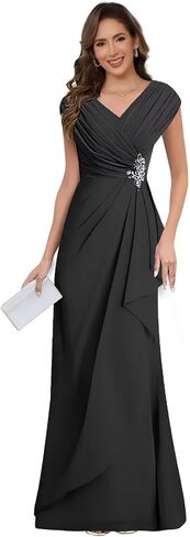 Chiffon V Neck Mother of the Bride Dresses for Wedding Cap Sleeves Pleated Long A-line Beads Formal Dress in Saudi Arabia