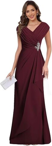 Chiffon V Neck Mother of the Bride Dresses for Wedding Cap Sleeves Pleated Long A-line Beads Formal Dress in Saudi Arabia