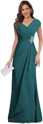 Chiffon V Neck Mother of the Bride Dresses for Wedding Cap Sleeves Pleated Long A-line Beads Formal Dress in Saudi Arabia