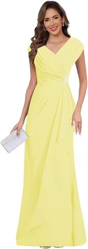 Chiffon V Neck Mother of the Bride Dresses for Wedding Cap Sleeves Pleated Long A-line Beads Formal Dress in Saudi Arabia