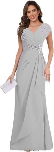 Chiffon V Neck Mother of the Bride Dresses for Wedding Cap Sleeves Pleated Long A-line Beads Formal Dress in Saudi Arabia