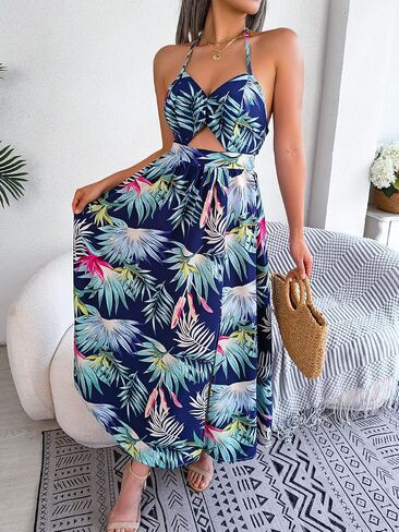 Women's Spaghetti Strap Sleeveless Print Dresses Casual Cut Out Split Swing Flowy Vocation Boho Midi Dress in Kuwait