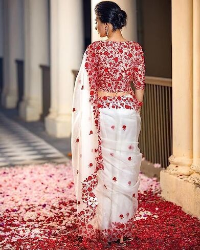Beautiful Free Size Indian Traditional Organza Embroidered Free Size Saree With Blouse Piece For Women in Saudi Arabia