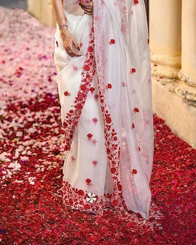Beautiful Free Size Indian Traditional Organza Embroidered Free Size Saree With Blouse Piece For Women in Saudi Arabia