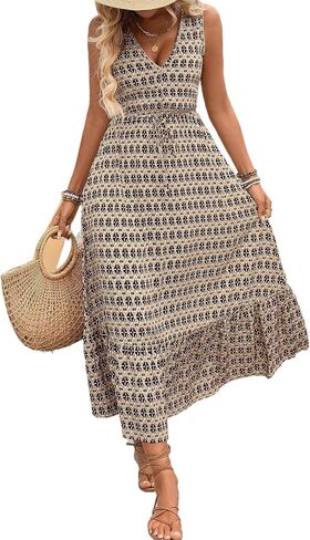Maxi Dresses for Women Summer Floral Print V Neck Sleeveless Bohemian Beach Casual Travel Swing Flowy Long Dress DJ552 in Kuwait