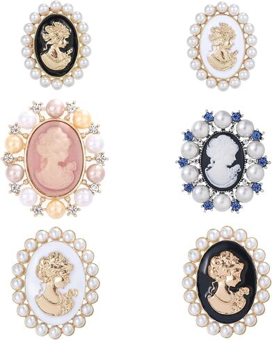 6pcs Vintage Victorian Cameo Brooch Pins For Women Imitation Pearl Lady Cameo Brooches Bulk Set Dress Accessories Jewelry Gift in Saudi Arabia