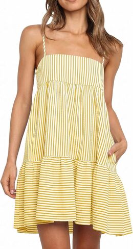 Wenrine Womens Summer Striped Mini Dress Casual Spaghetti Strap Sleeveless A Line Beach Sundress with Pockets in Kuwait