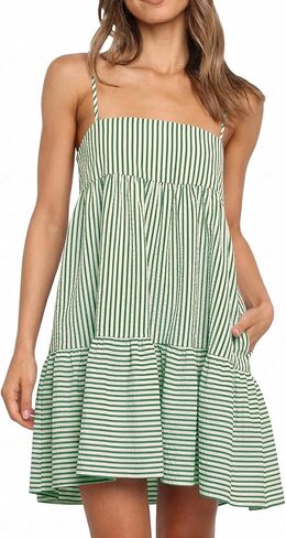 Wenrine Womens Summer Striped Mini Dress Casual Spaghetti Strap Sleeveless A Line Beach Sundress with Pockets in Kuwait