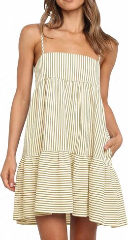 Wenrine Womens Summer Striped Mini Dress Casual Spaghetti Strap Sleeveless A Line Beach Sundress with Pockets in Kuwait