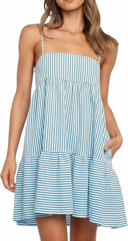 Wenrine Womens Summer Striped Mini Dress Casual Spaghetti Strap Sleeveless A Line Beach Sundress with Pockets in Kuwait