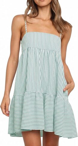 Wenrine Womens Summer Striped Mini Dress Casual Spaghetti Strap Sleeveless A Line Beach Sundress with Pockets in Kuwait