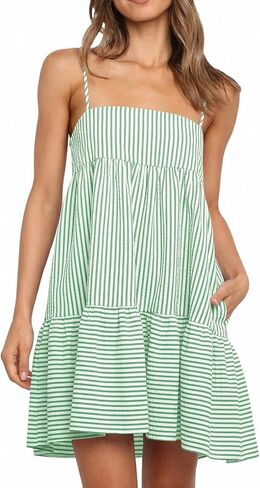Wenrine Womens Summer Striped Mini Dress Casual Spaghetti Strap Sleeveless A Line Beach Sundress with Pockets in Kuwait