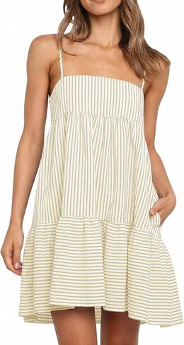 Wenrine Womens Summer Striped Mini Dress Casual Spaghetti Strap Sleeveless A Line Beach Sundress with Pockets in Kuwait