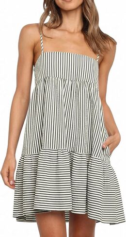 Wenrine Womens Summer Striped Mini Dress Casual Spaghetti Strap Sleeveless A Line Beach Sundress with Pockets in Kuwait