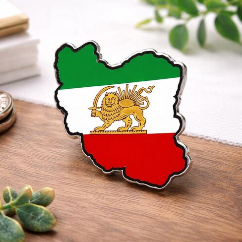 Historical Persian Lion & Sun Lapel Pin, Vintage Iran Flag Shape Brooch Stainless Steel Enamel Badge for Jackets Bags in Kuwait