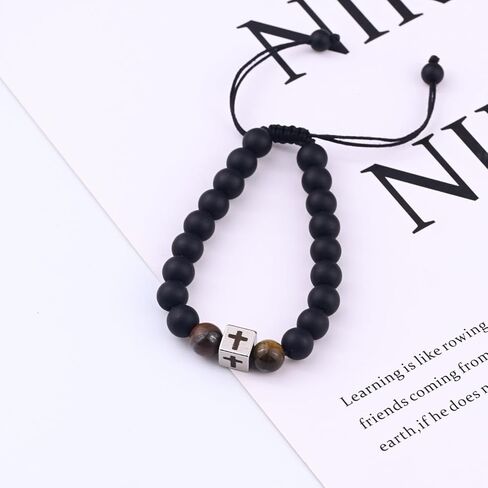 GAUEIOUR Graduation Gift for Him Men Cross Bracelet Adjustable Black Obsidian Stone Beaded Bracelet Birthday Graduation Season Baptism Easter Sacrament Religious Faith Jewelry Gifts for Men in Saudi Arabia