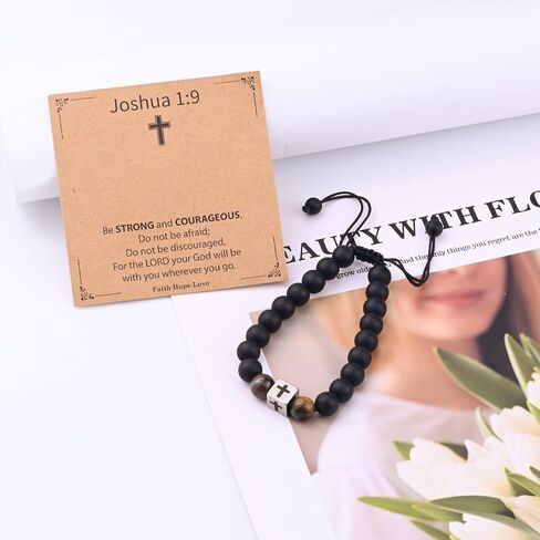 GAUEIOUR Graduation Gift for Him Men Cross Bracelet Adjustable Black Obsidian Stone Beaded Bracelet Birthday Graduation Season Baptism Easter Sacrament Religious Faith Jewelry Gifts for Men in Saudi Arabia