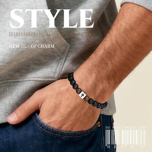 GAUEIOUR Graduation Gift for Him Men Cross Bracelet Adjustable Black Obsidian Stone Beaded Bracelet Birthday Graduation Season Baptism Easter Sacrament Religious Faith Jewelry Gifts for Men in Saudi Arabia