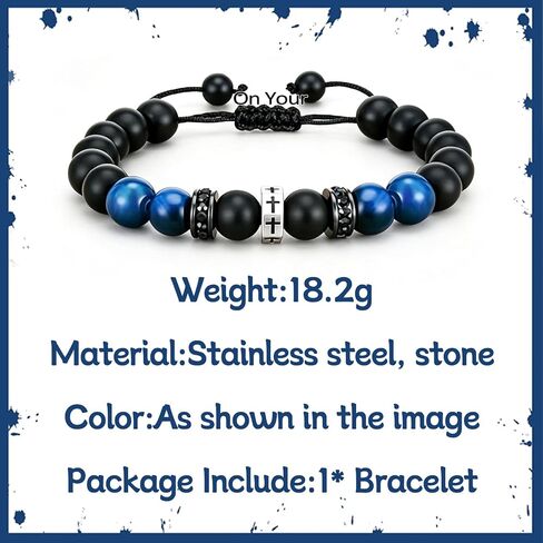 GAUEIOUR Christian Gifts for Men, Mens Religious Stainless Steel Cross Stone Beaded Adjustable Braided Bracelet, Blue Tiger Eye Baptism Easter Birthday Communion Faith Fashion Jewelry in Saudi Arabia