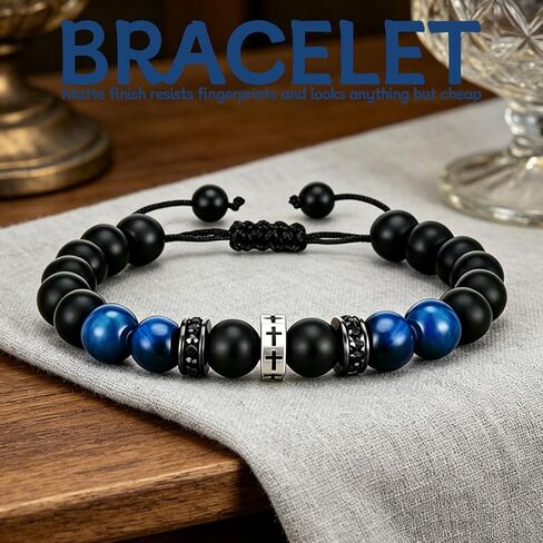 GAUEIOUR Christian Gifts for Men, Mens Religious Stainless Steel Cross Stone Beaded Adjustable Braided Bracelet, Blue Tiger Eye Baptism Easter Birthday Communion Faith Fashion Jewelry in Saudi Arabia