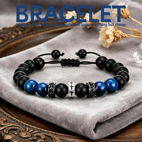 GAUEIOUR Christian Gifts for Men, Mens Religious Stainless Steel Cross Stone Beaded Adjustable Braided Bracelet, Blue Tiger Eye Baptism Easter Birthday Communion Faith Fashion Jewelry in Saudi Arabia