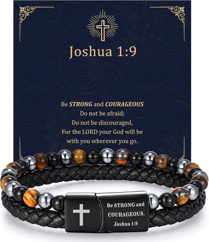 GAUEIOUR Christian Cross Bracelet for Men Stainless Steel Double Row Leather Braided Mens Bead Bracelets Religious Bilble Verses Faith Bracelet Baptism Easter Jewelry Gifts for Son Dad Husband in Saudi Arabia