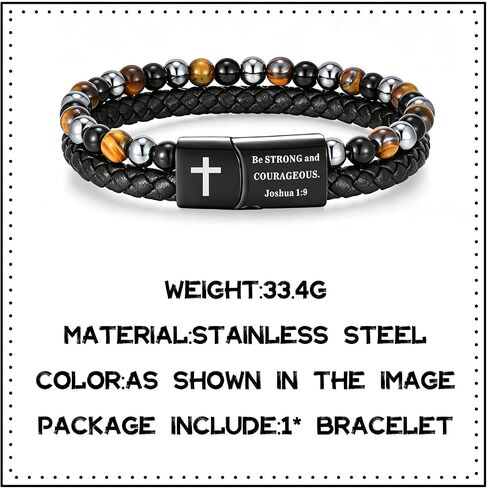 GAUEIOUR Christian Cross Bracelet for Men Stainless Steel Double Row Leather Braided Mens Bead Bracelets Religious Bilble Verses Faith Bracelet Baptism Easter Jewelry Gifts for Son Dad Husband in Saudi Arabia