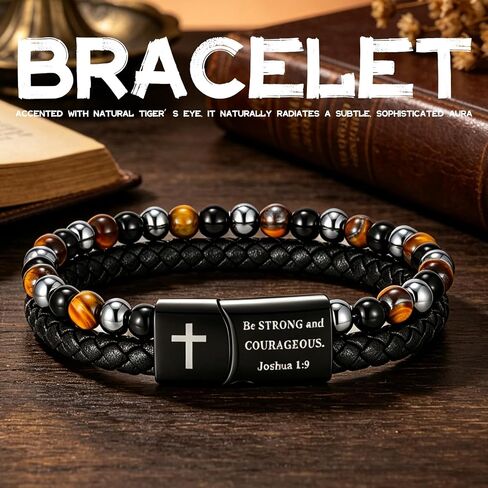GAUEIOUR Christian Cross Bracelet for Men Stainless Steel Double Row Leather Braided Mens Bead Bracelets Religious Bilble Verses Faith Bracelet Baptism Easter Jewelry Gifts for Son Dad Husband in Saudi Arabia